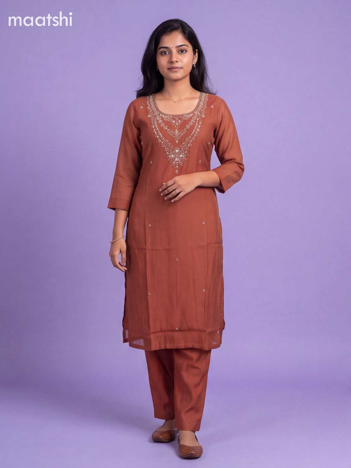 Brown Mul Chanderi Embroidery Work Straight Suit