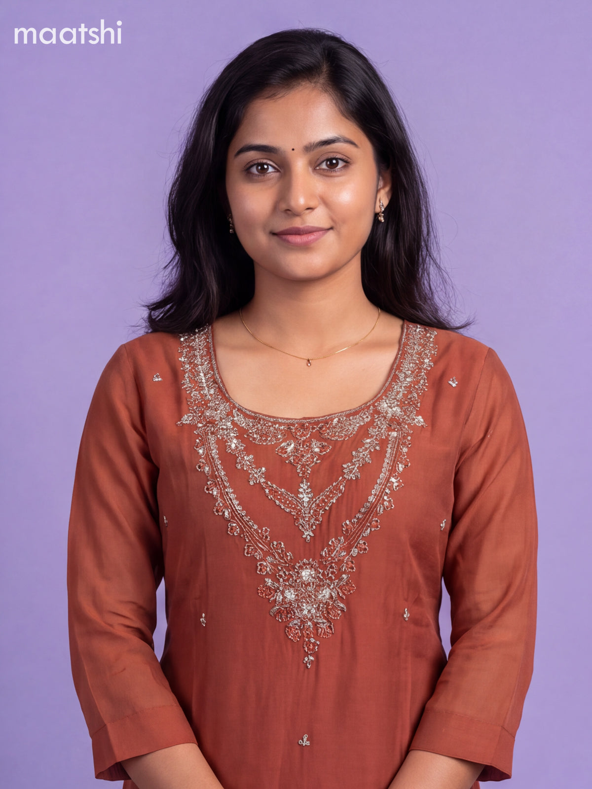 Brown Mul Chanderi Embroidery Work Straight Suit