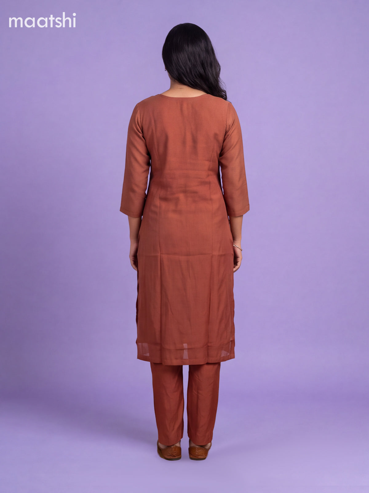 Brown Mul Chanderi Embroidery Work Straight Suit