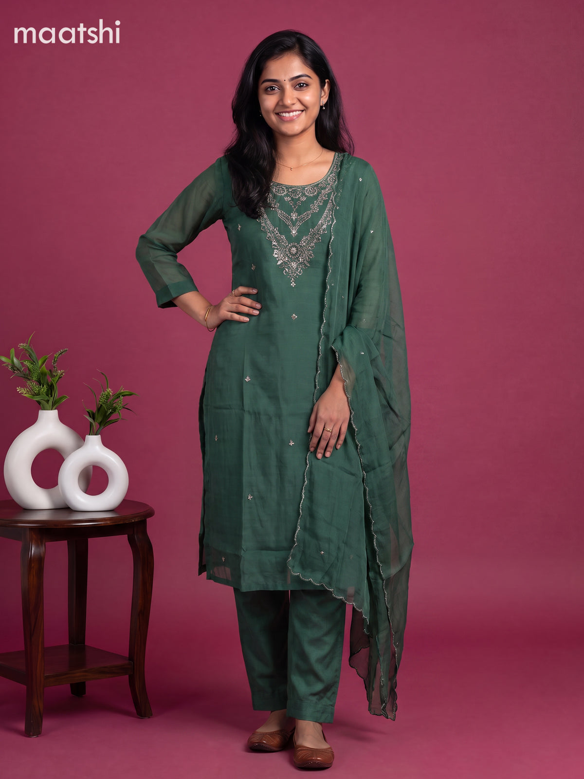Green Mul Chanderi Embroidery Work Straight Suit