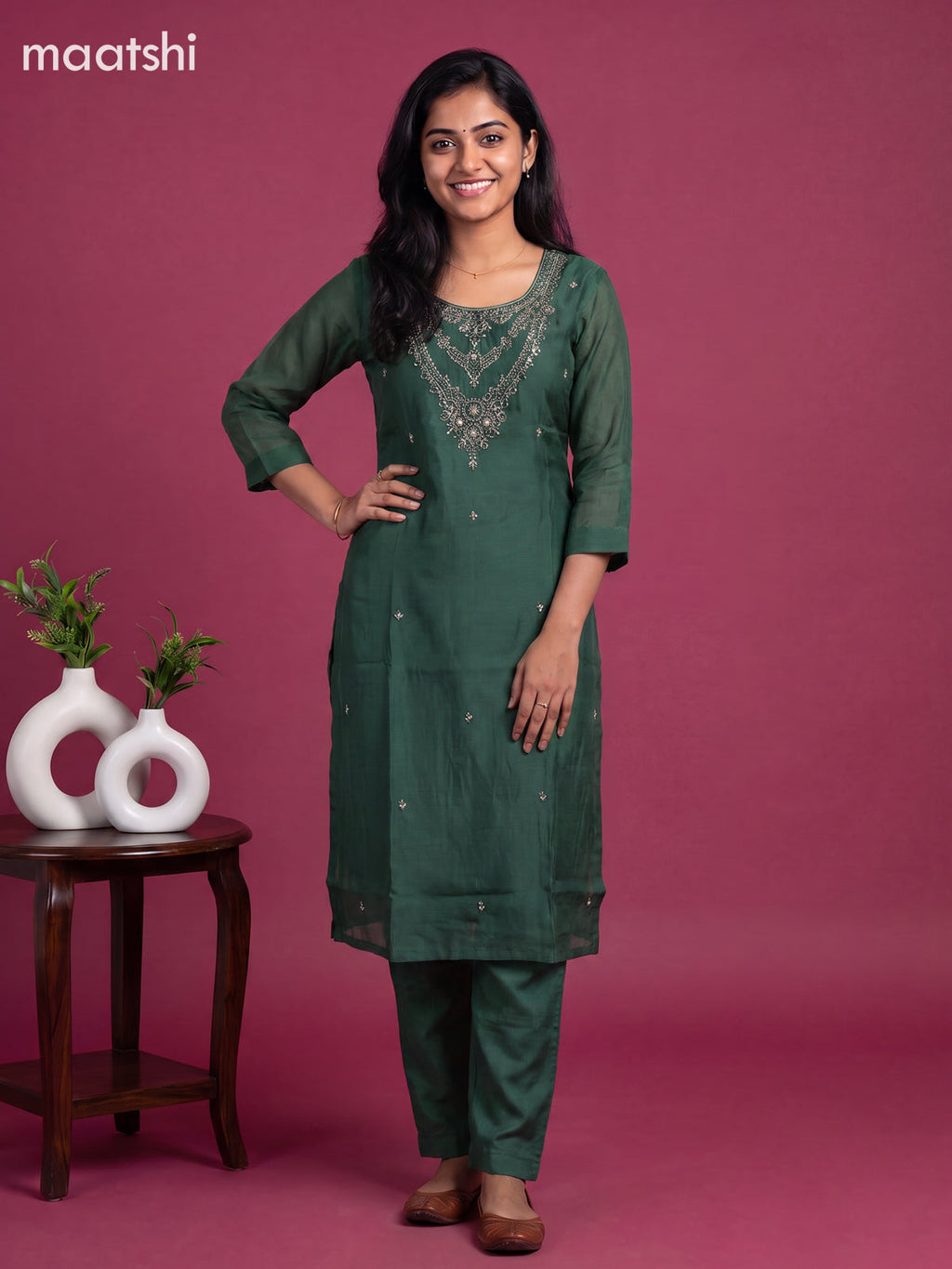 Green Mul Chanderi Embroidery Work Straight Suit