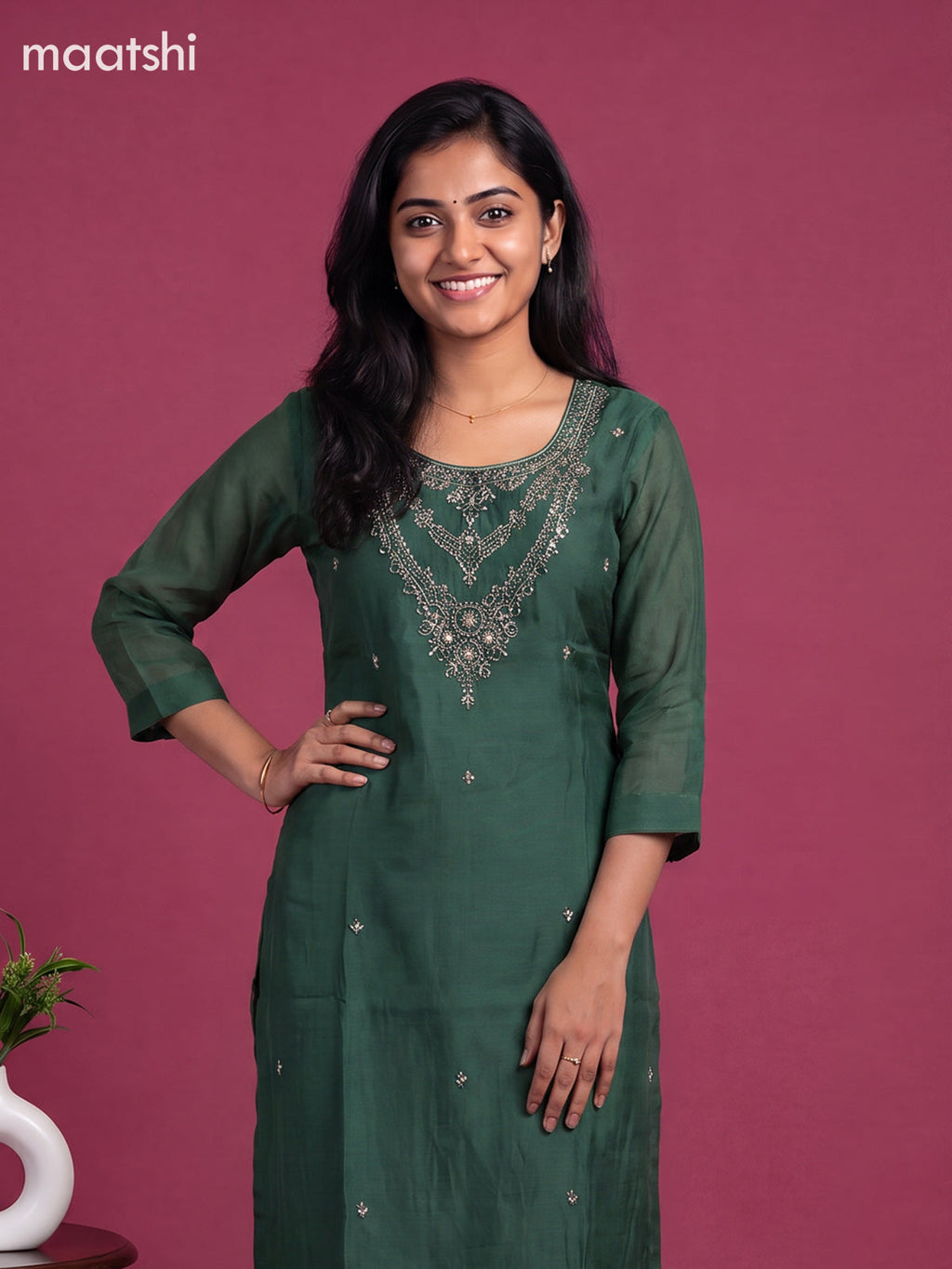 Green Mul Chanderi Embroidery Work Straight Suit