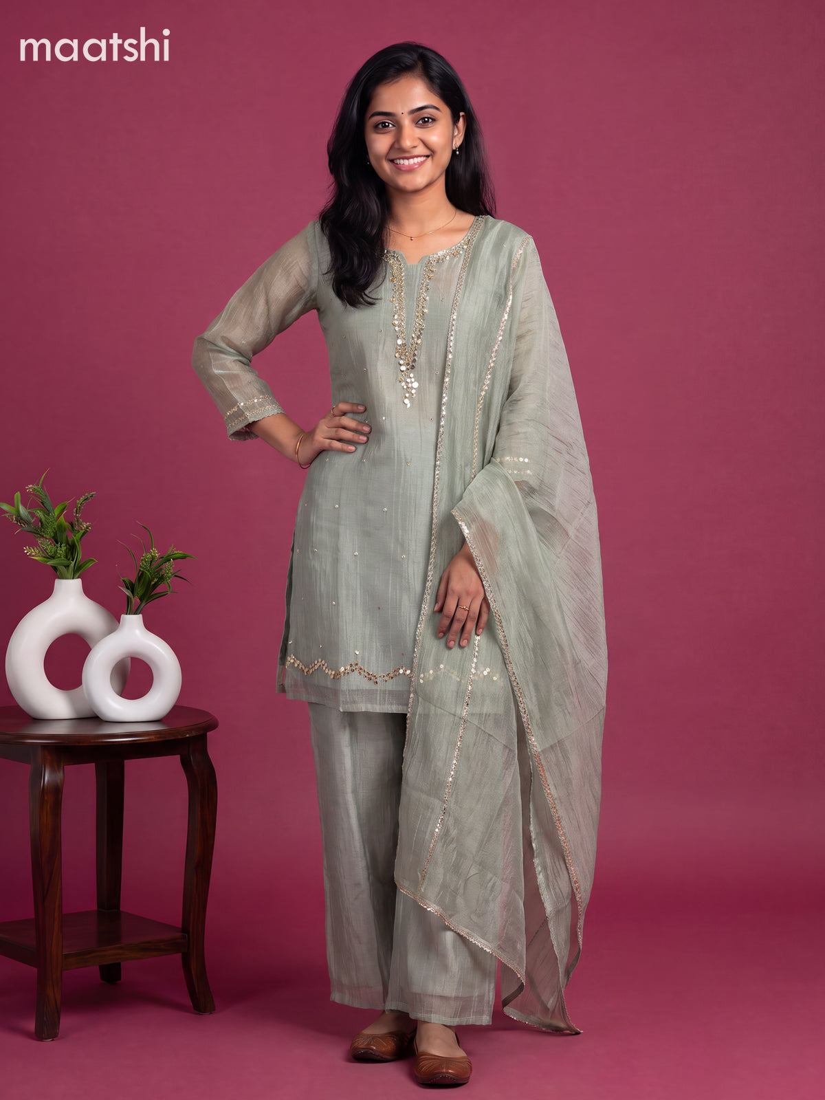 Grey Tissue Embroidery Work Straight Suit