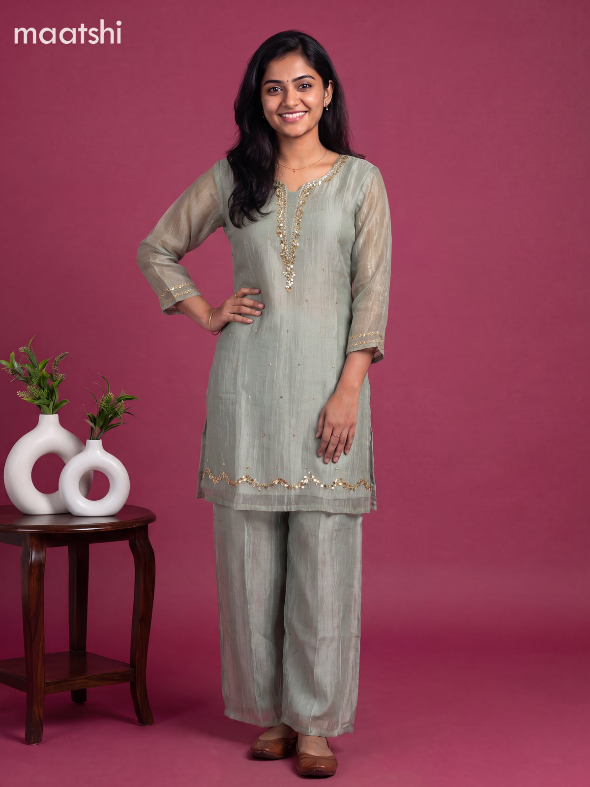Grey Tissue Embroidery Work Straight Suit