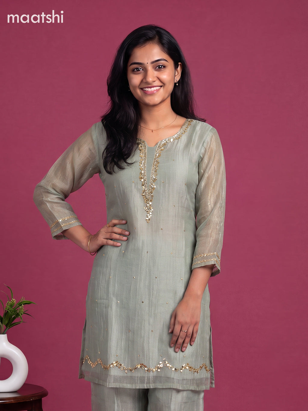 Grey Tissue Embroidery Work Straight Suit