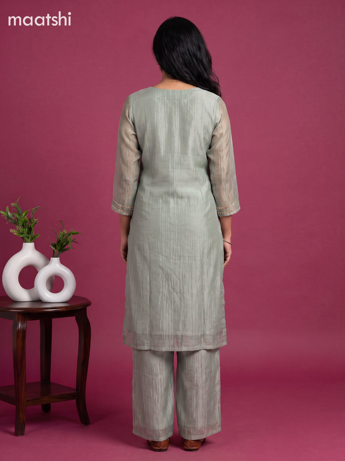 Grey Tissue Embroidery Work Straight Suit