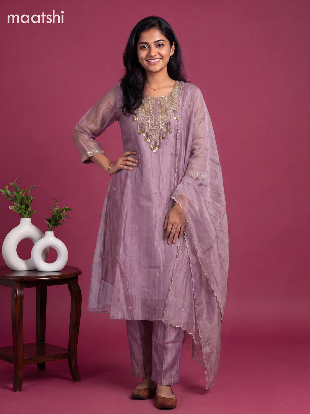 Lavender Tissue Embroidery Work Anarkali Suit