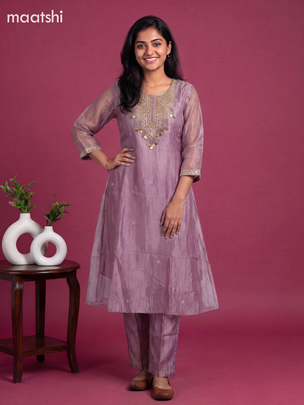 Lavender Tissue Embroidery Work Anarkali Suit