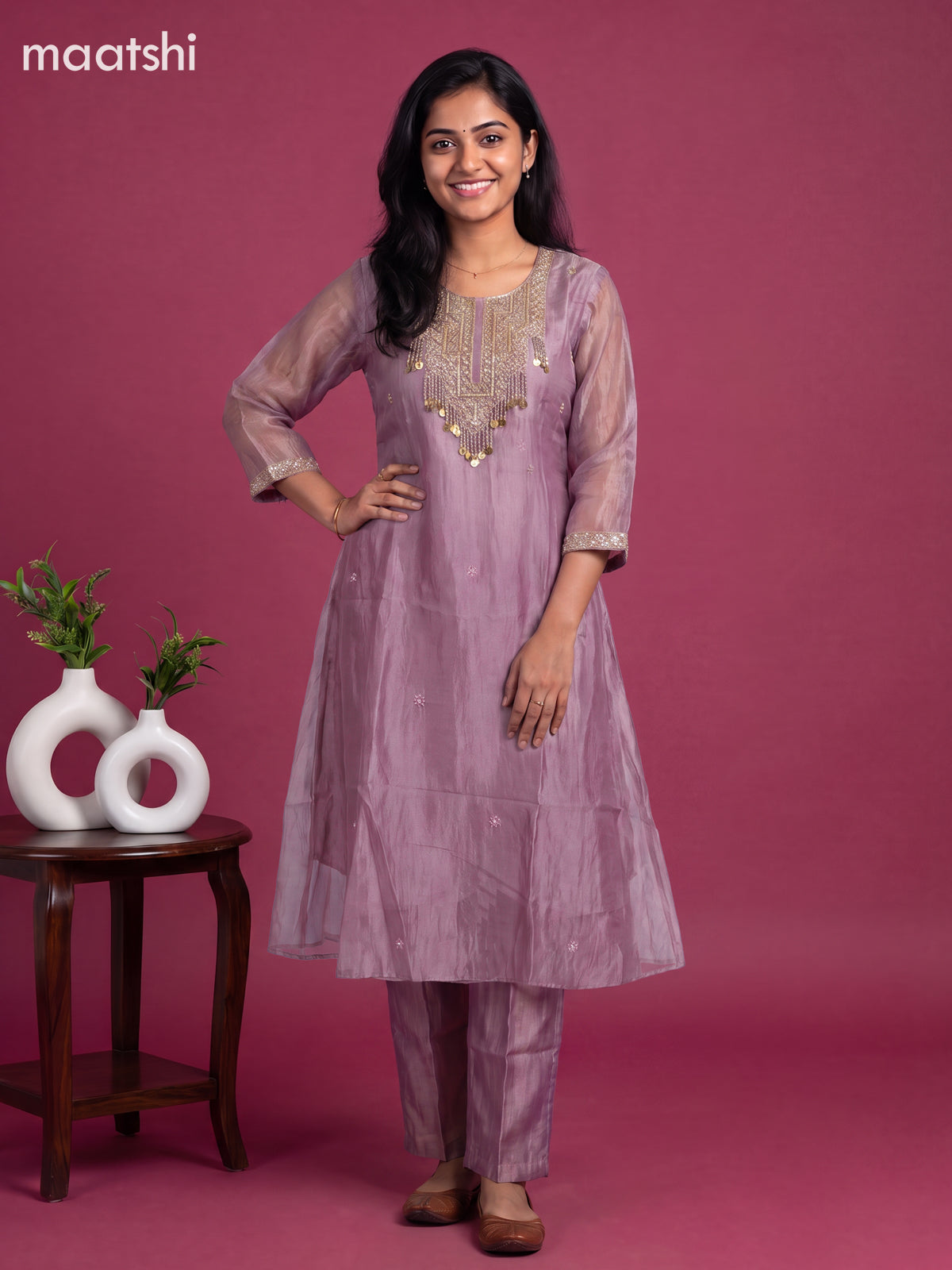 Lavender Tissue Embroidery Work Anarkali Suit