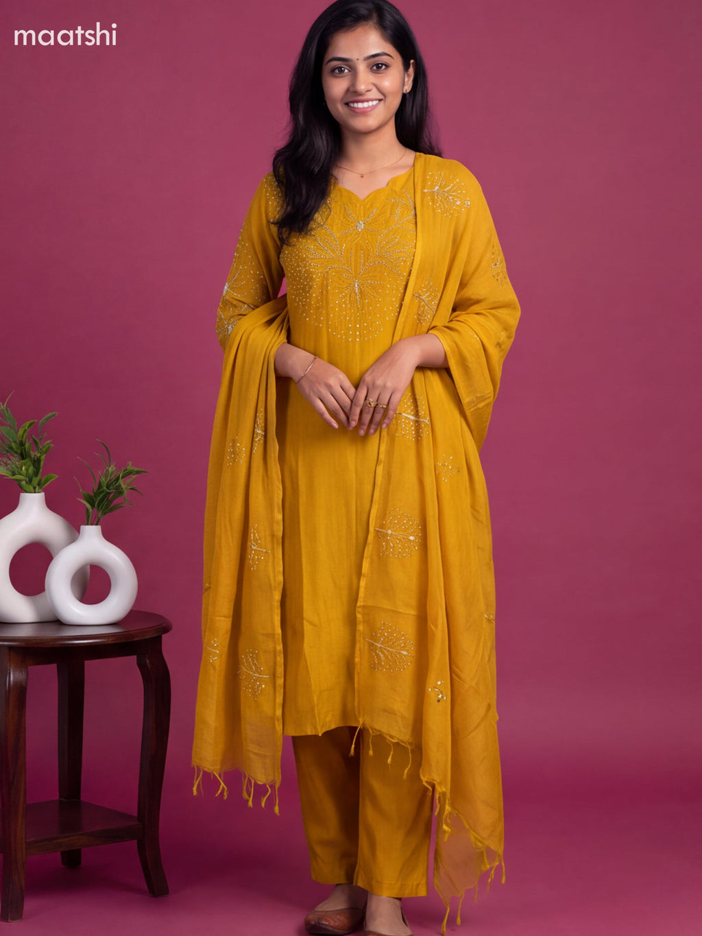 Mustard Yellow Mul Chanderi Embroidery Work Straight Suit