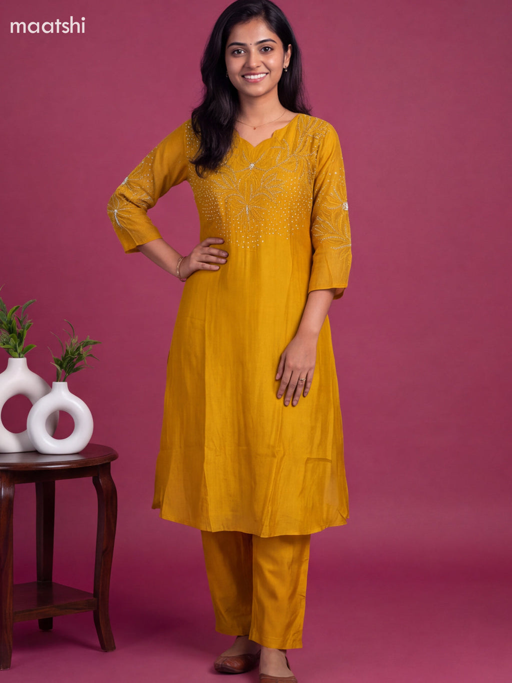 Mustard Yellow Mul Chanderi Embroidery Work Straight Suit
