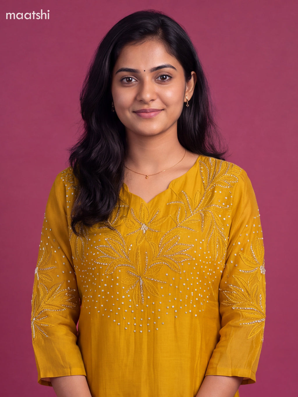 Mustard Yellow Mul Chanderi Embroidery Work Straight Suit