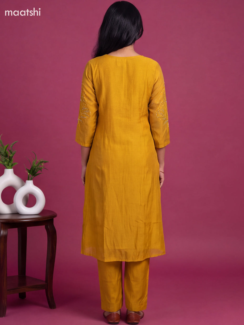 Mustard Yellow Mul Chanderi Embroidery Work Straight Suit