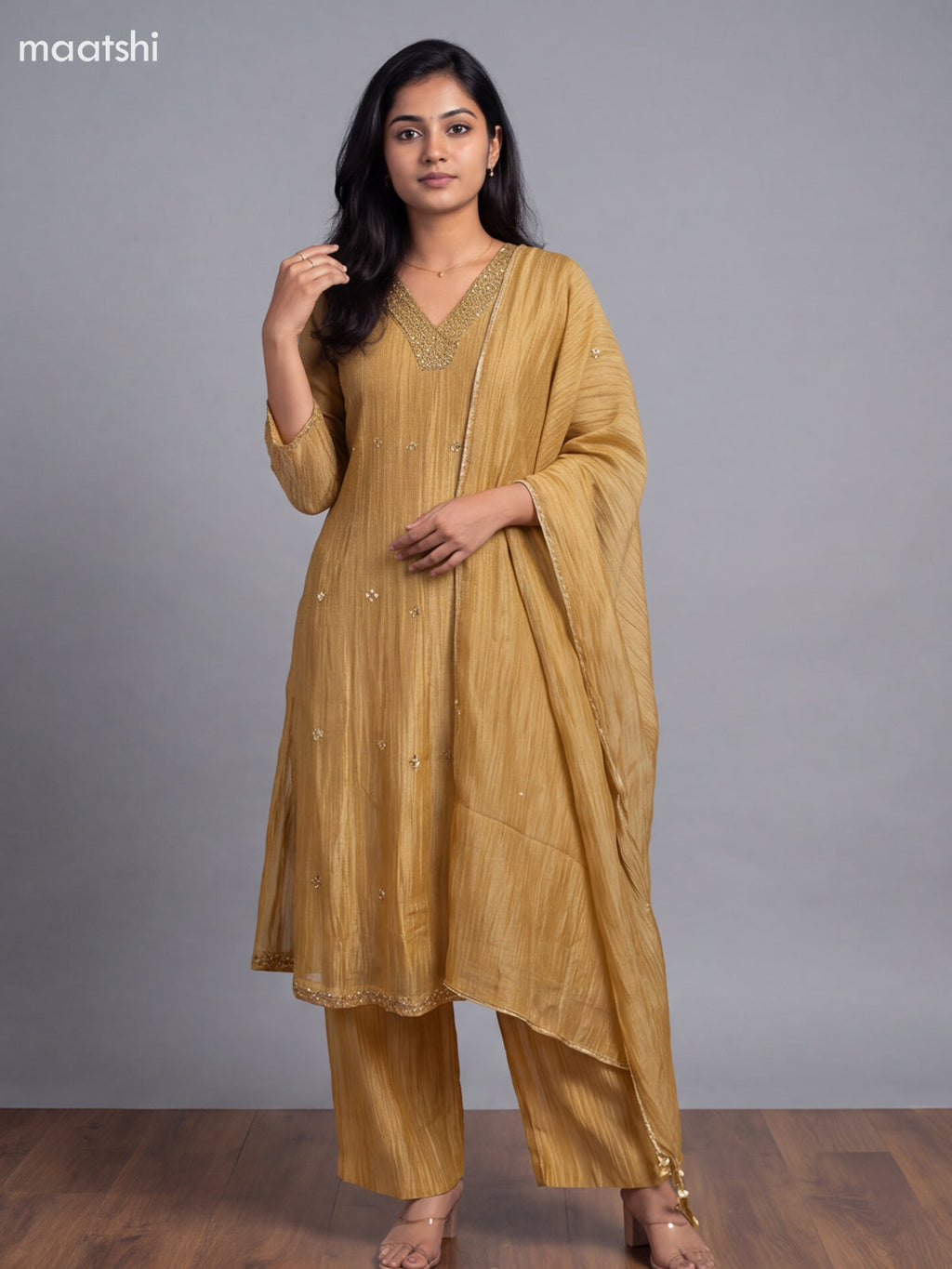 Gold Tissue Embroidery Work Anarkali Suit
