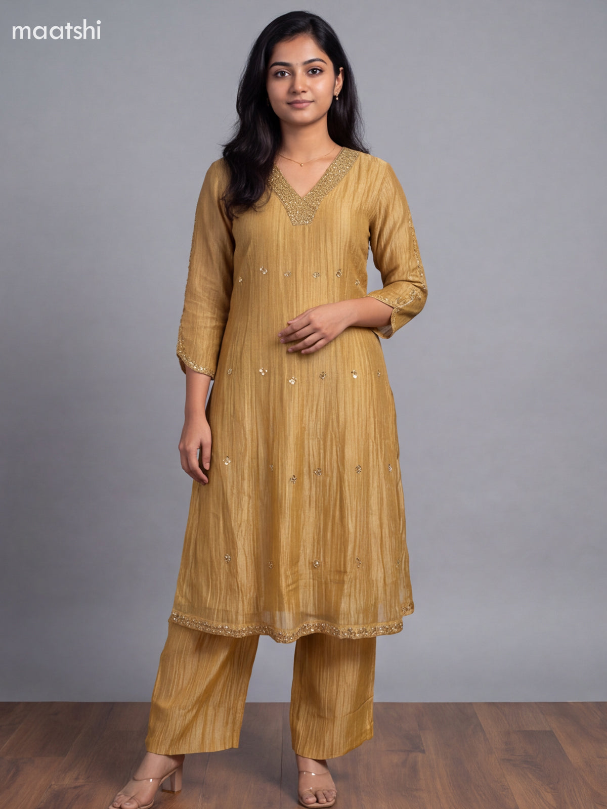 Gold Tissue Embroidery Work Anarkali Suit