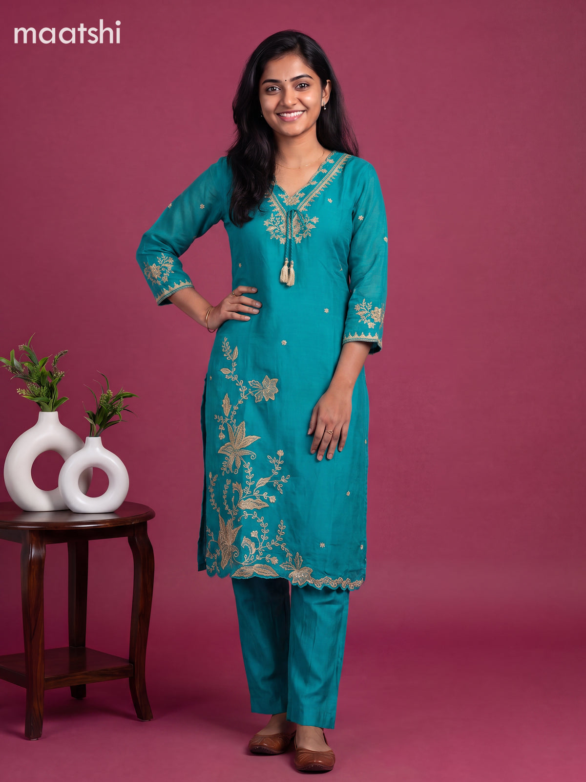 Teal Green Art Silk Embroidery Work Straight Suit