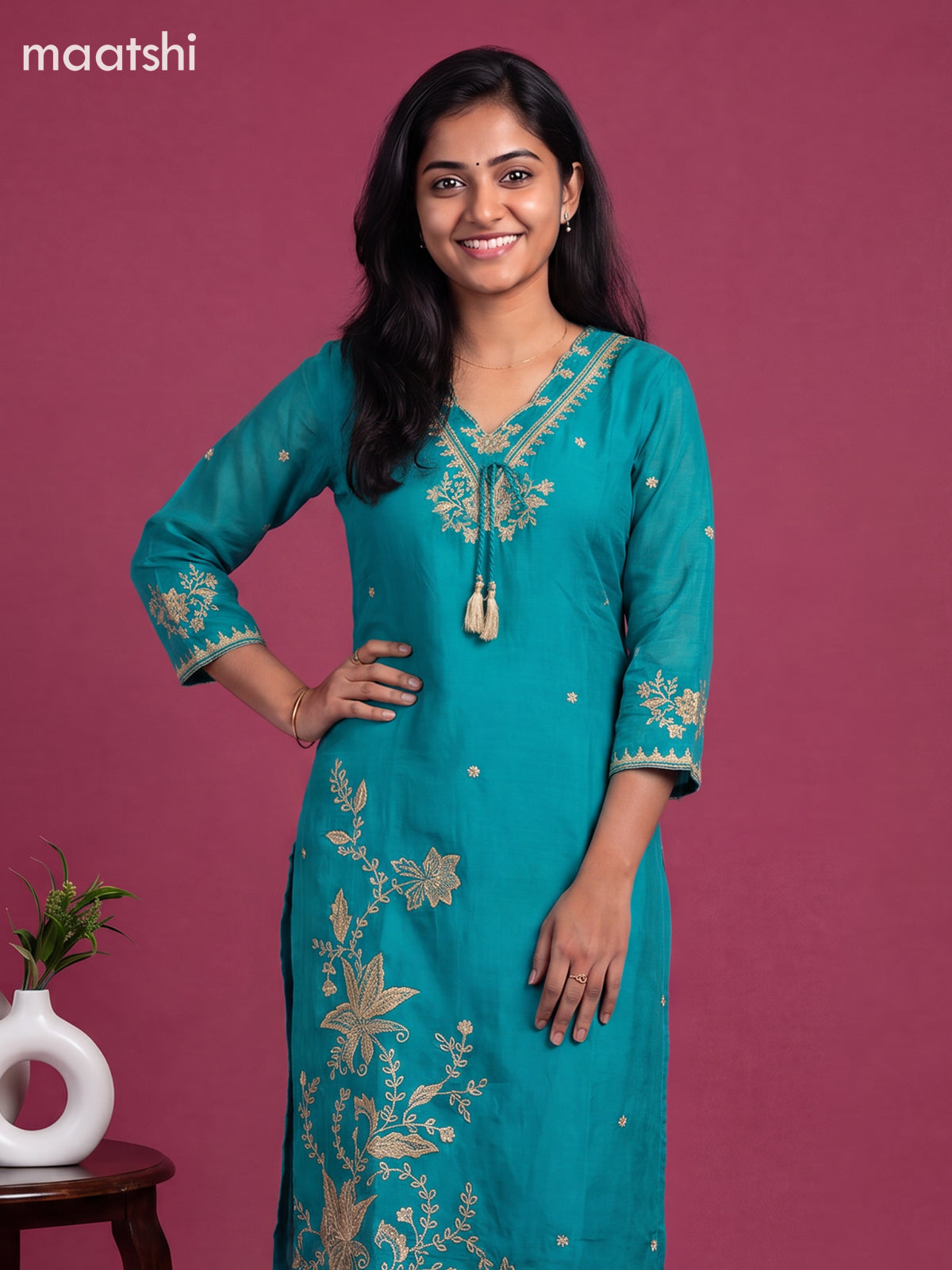Teal Green Art Silk Embroidery Work Straight Suit