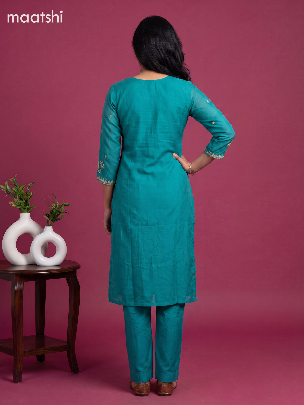 Teal Green Art Silk Embroidery Work Straight Suit