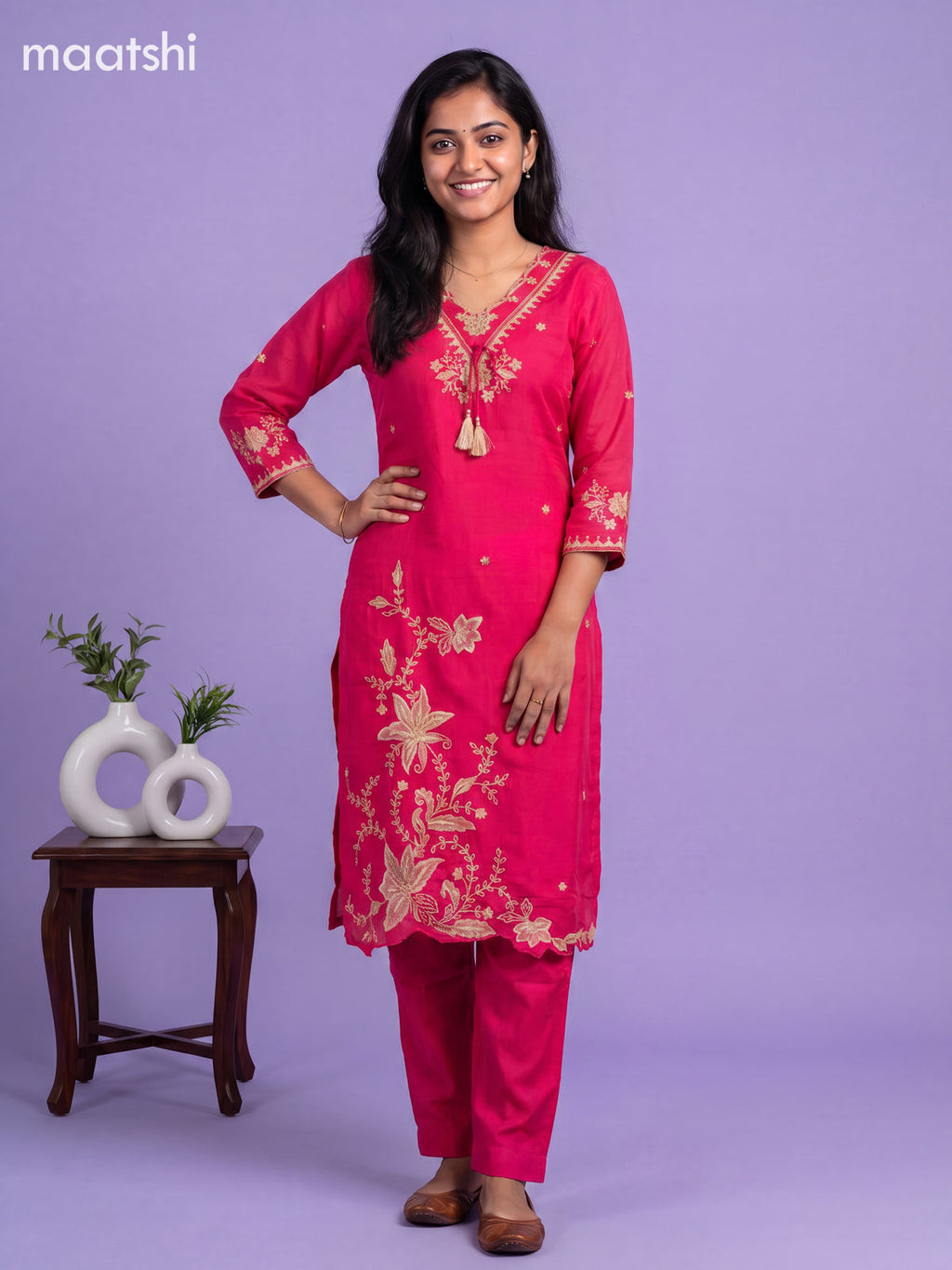 Dark Pink Art Silk Embroidery Work Straight Suit