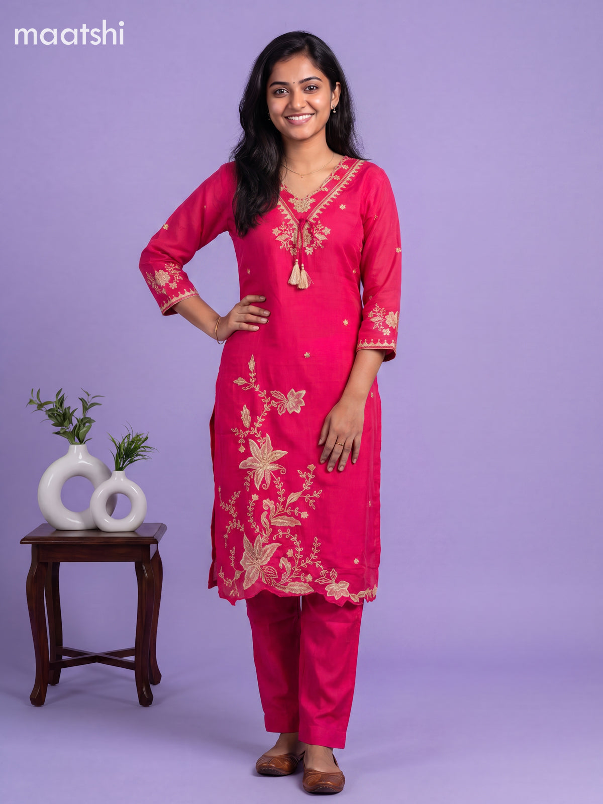 Dark Pink Art Silk Embroidery Work Straight Suit