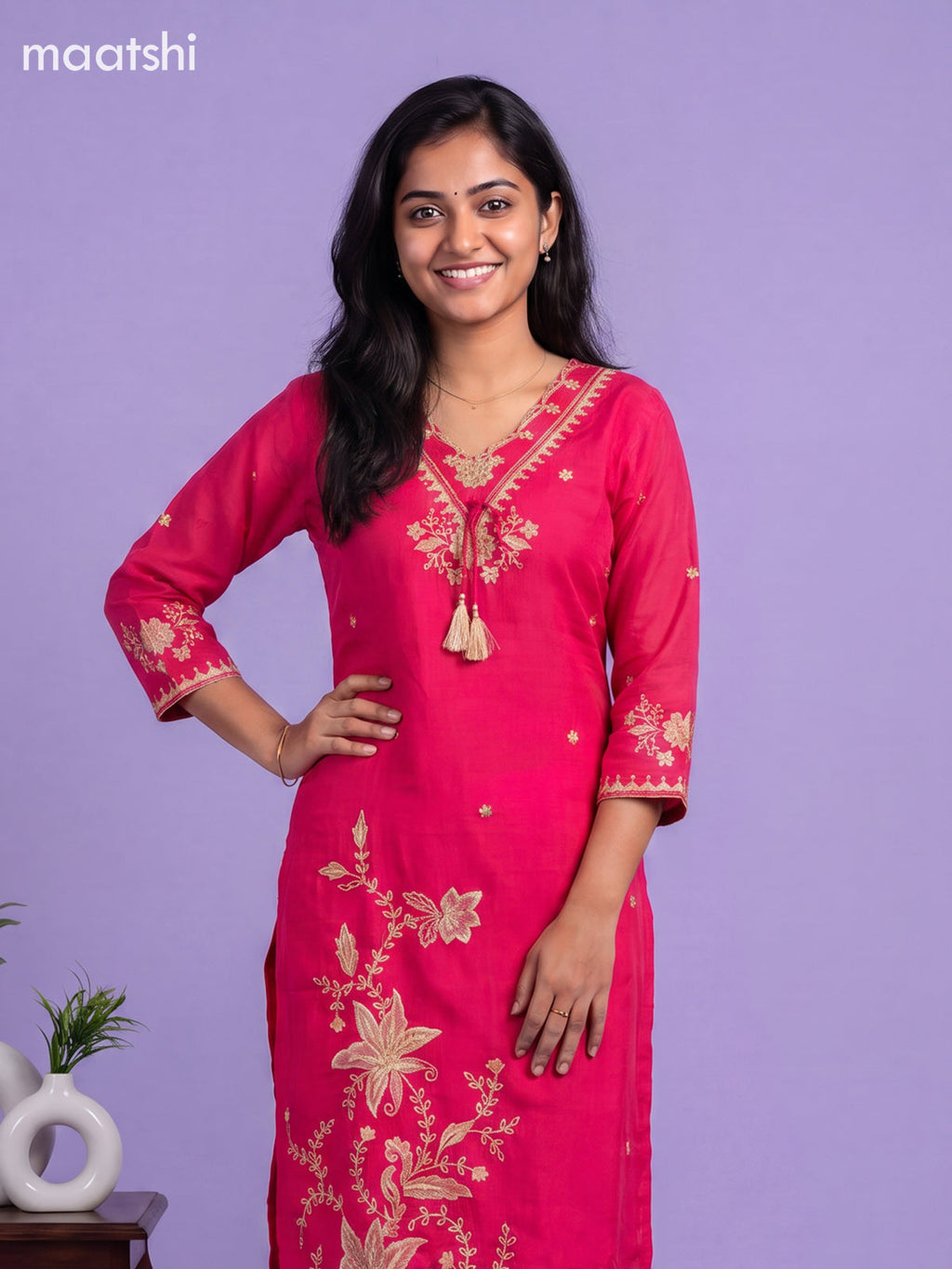 Dark Pink Art Silk Embroidery Work Straight Suit