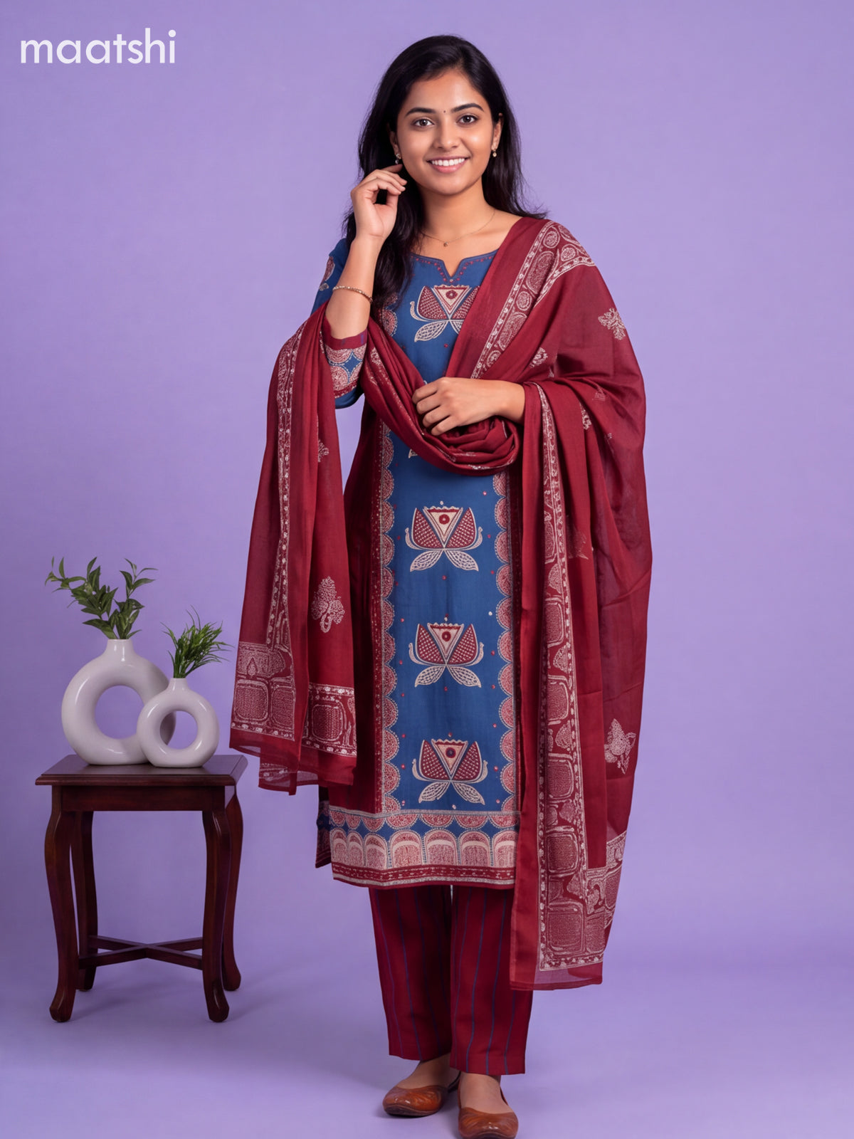 Blue and Maroon Cotton Floral Printed Straight Suit