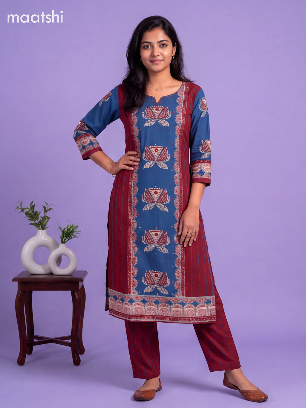 Blue and Maroon Cotton Floral Printed Straight Suit