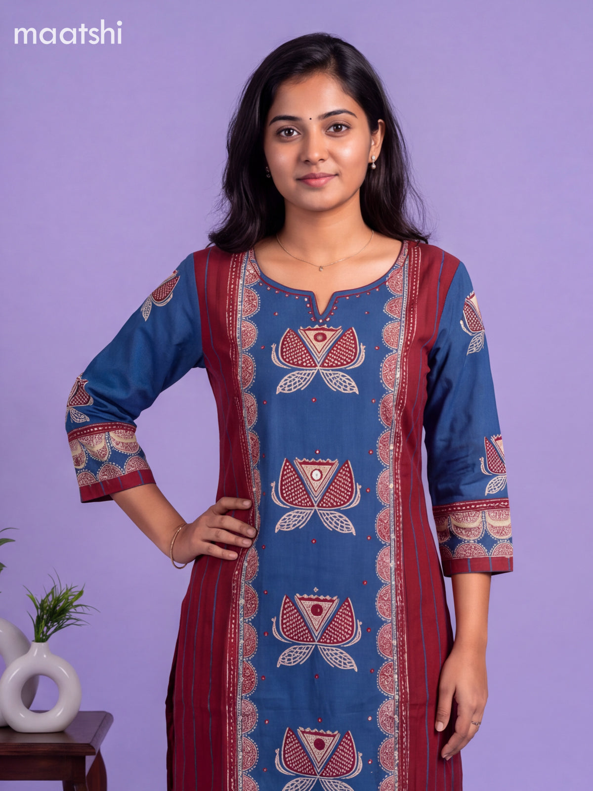 Blue and Maroon Cotton Floral Printed Straight Suit