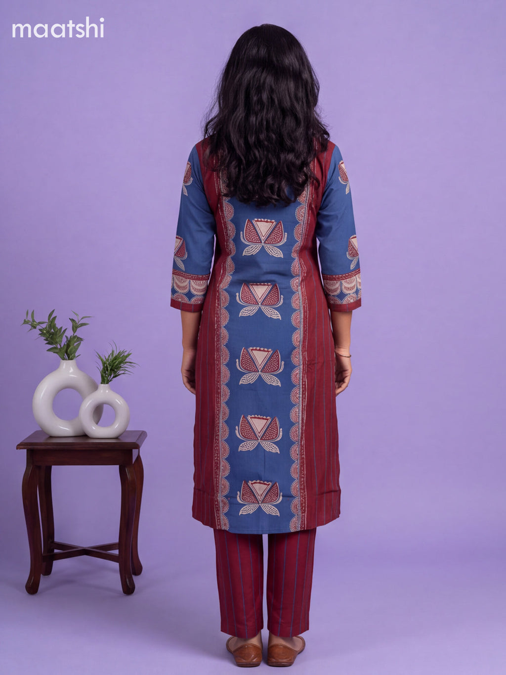 Blue and Maroon Cotton Floral Printed Straight Suit