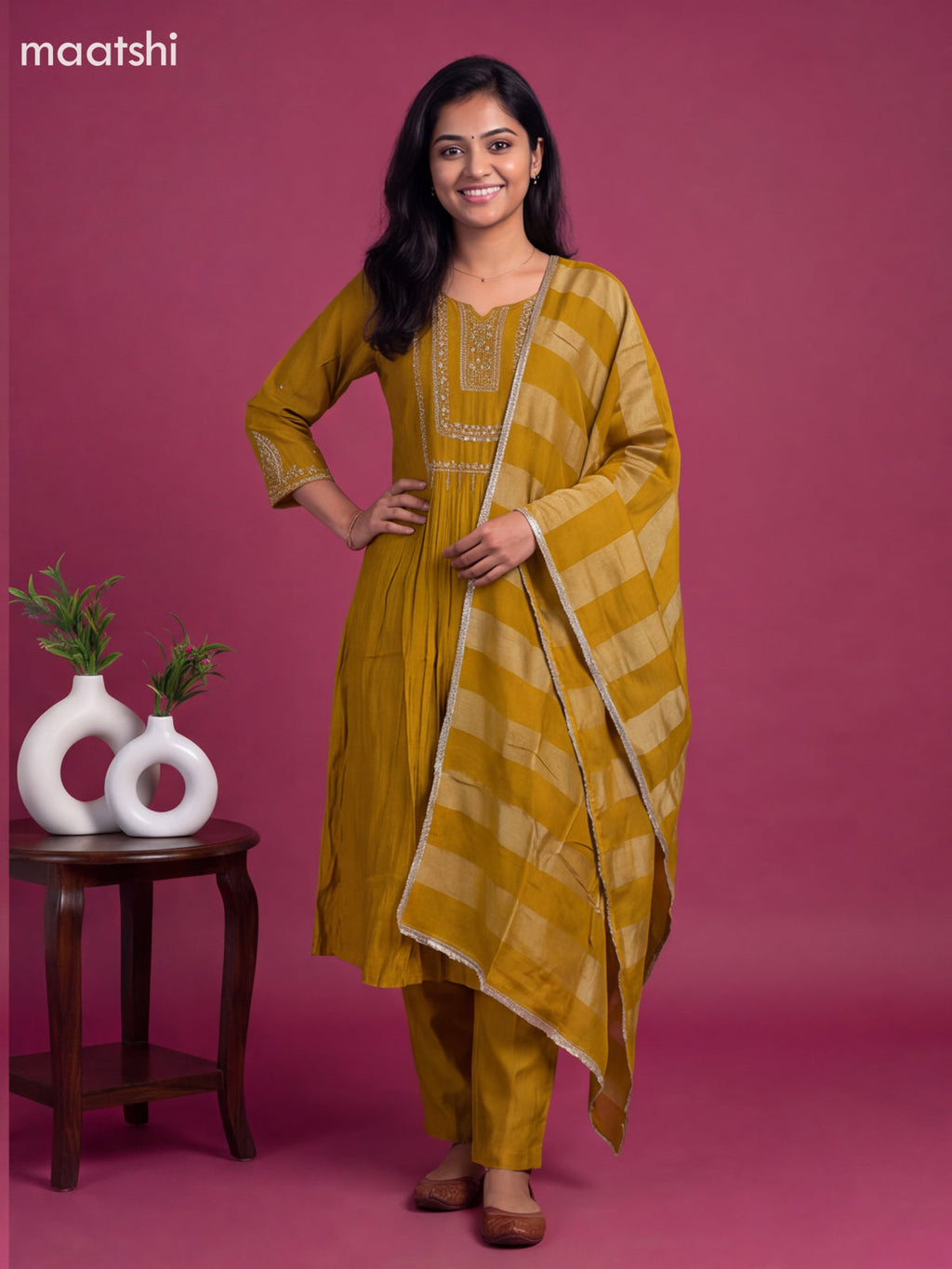 Dark Mustard Mul Chanderi Embroidery Work Straight Suit