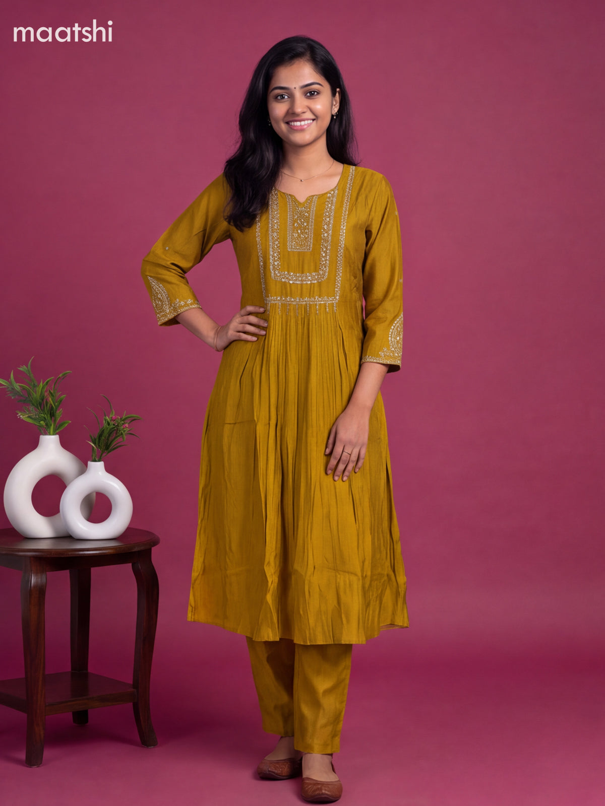 Dark Mustard Mul Chanderi Embroidery Work Straight Suit
