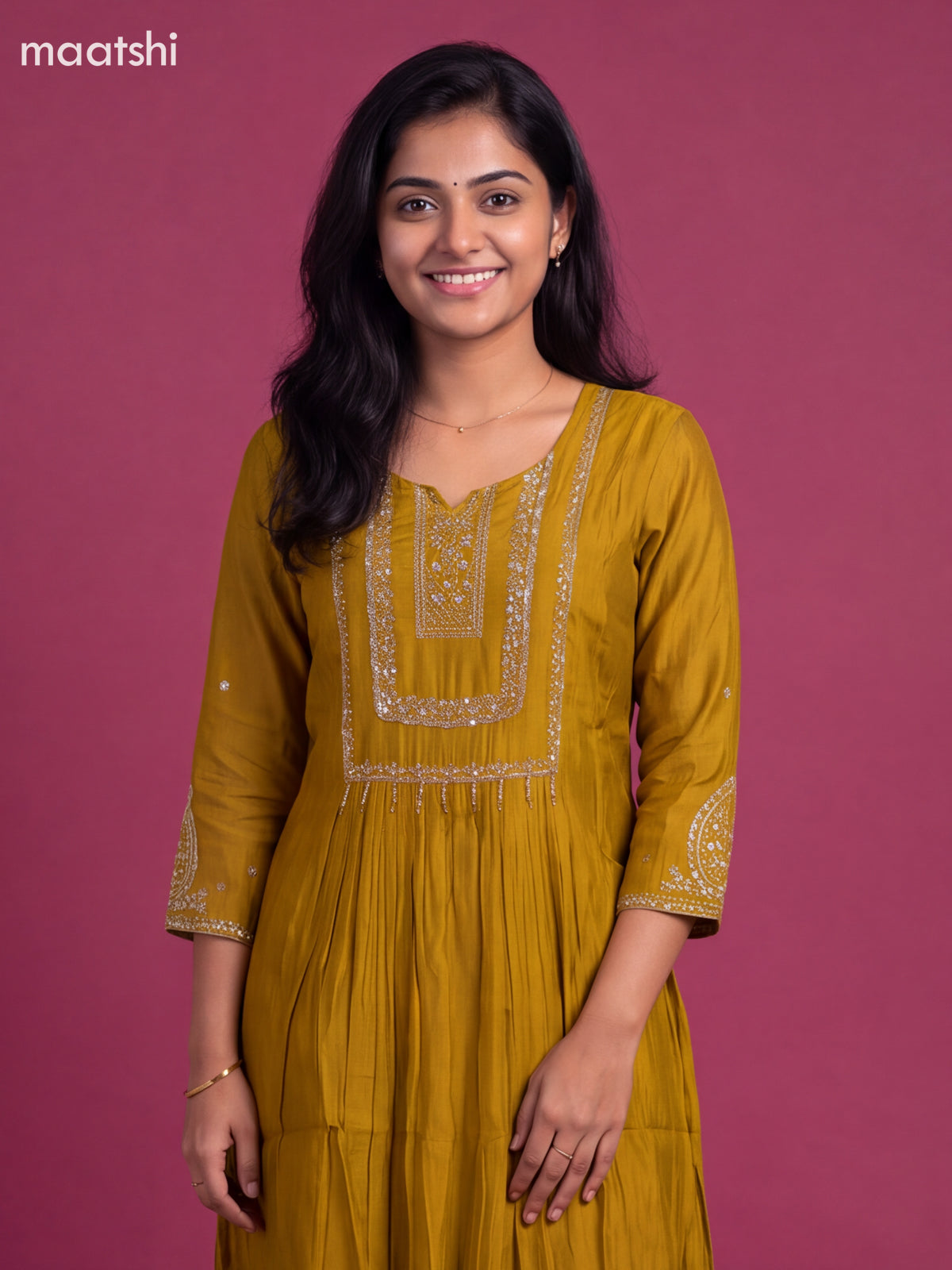 Dark Mustard Mul Chanderi Embroidery Work Straight Suit