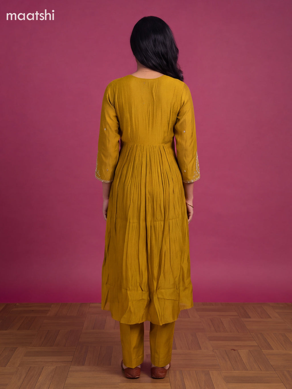 Dark Mustard Mul Chanderi Embroidery Work Straight Suit