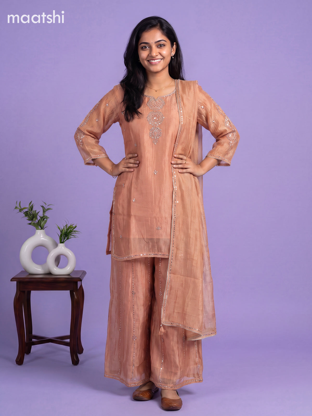 Peach Tissue Embroidery Work Straight Suit