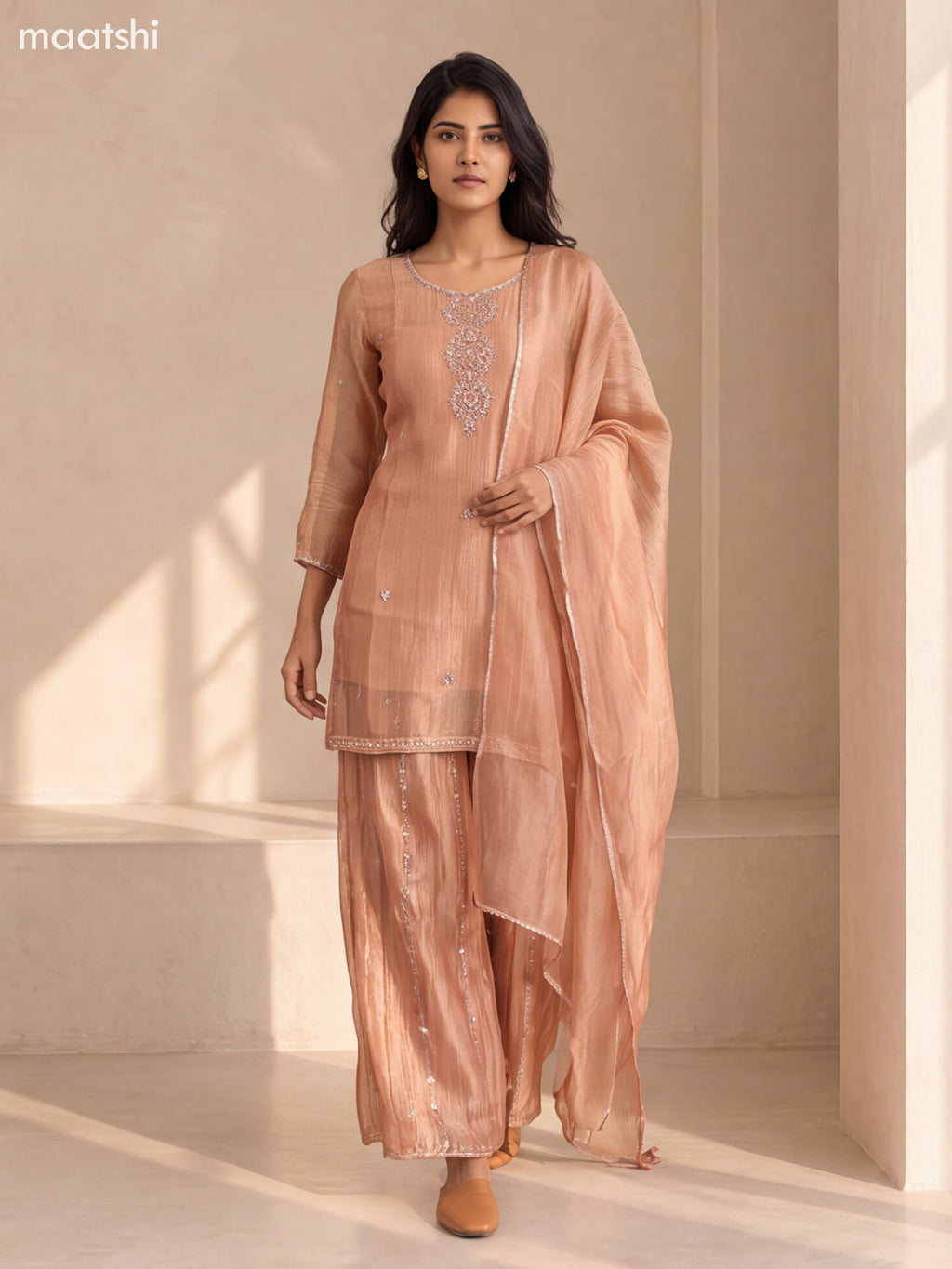 Peach Tissue Embroidery Work Straight Suit