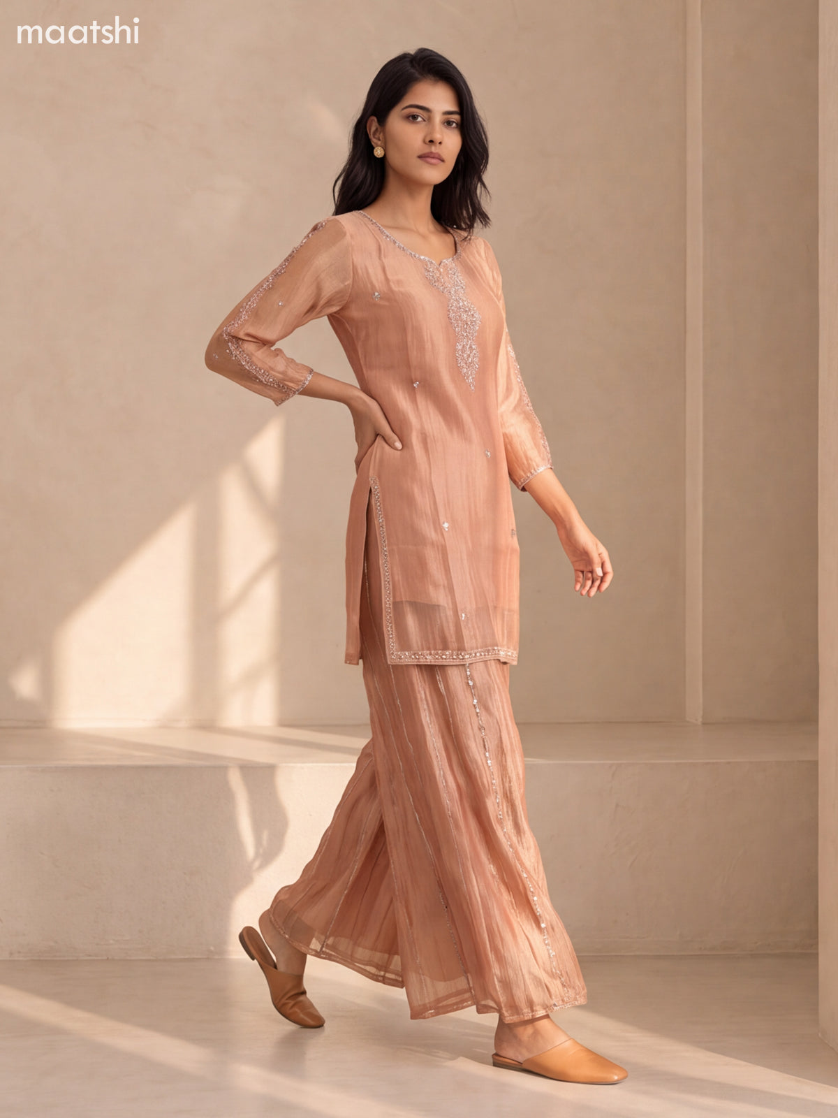 Peach Tissue Embroidery Work Straight Suit