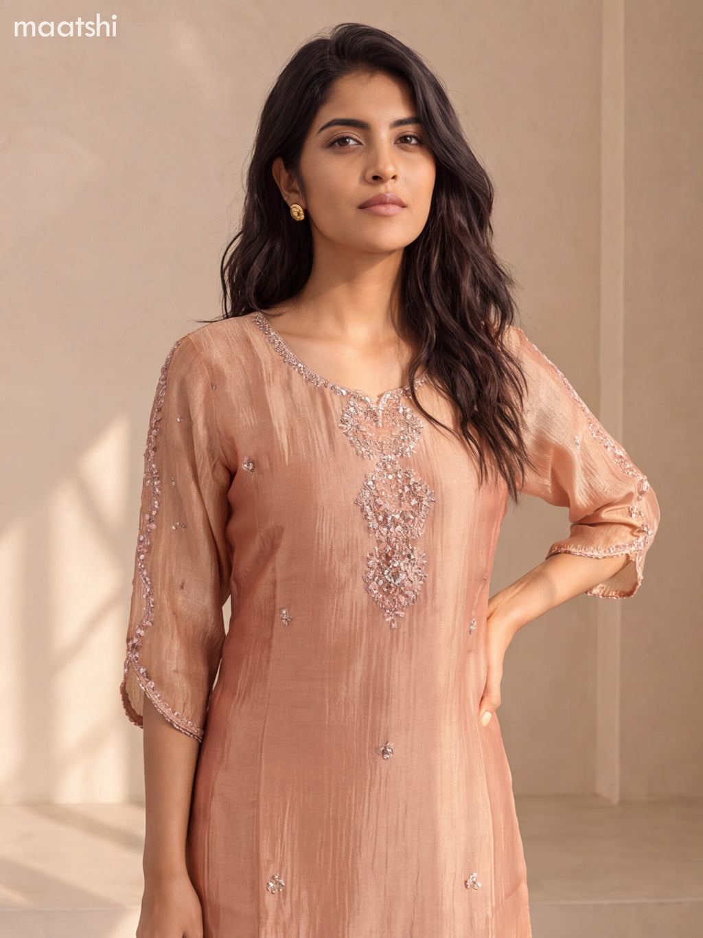 Peach Tissue Embroidery Work Straight Suit