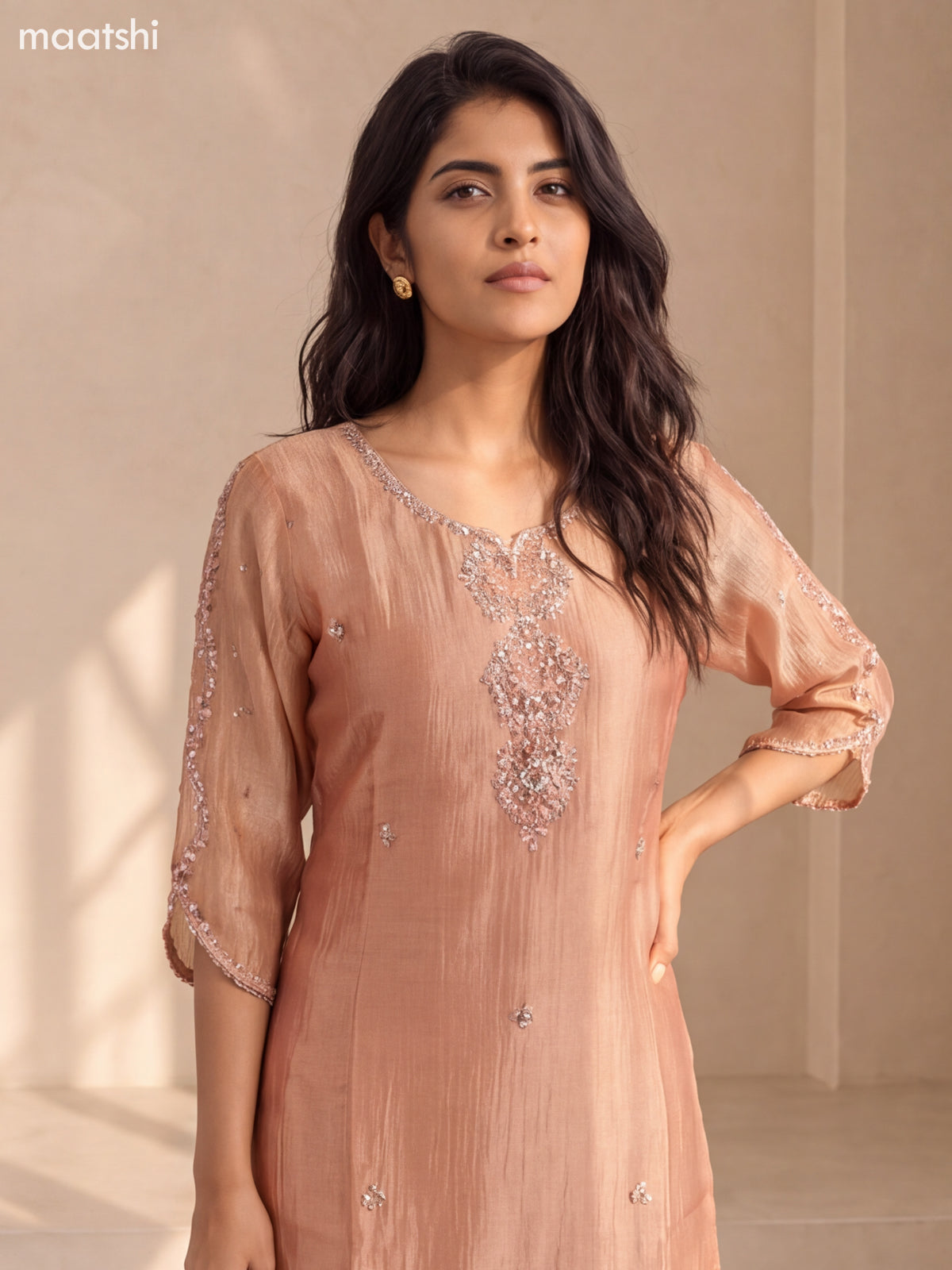 Peach Tissue Embroidery Work Straight Suit