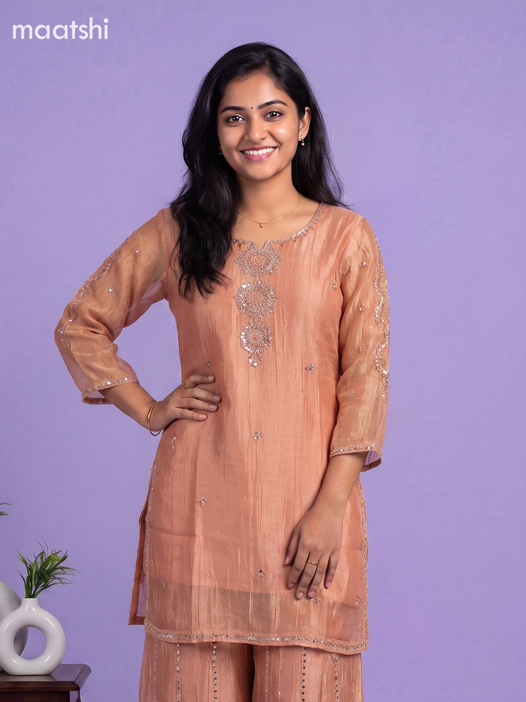 Peach Tissue Embroidery Work Straight Suit