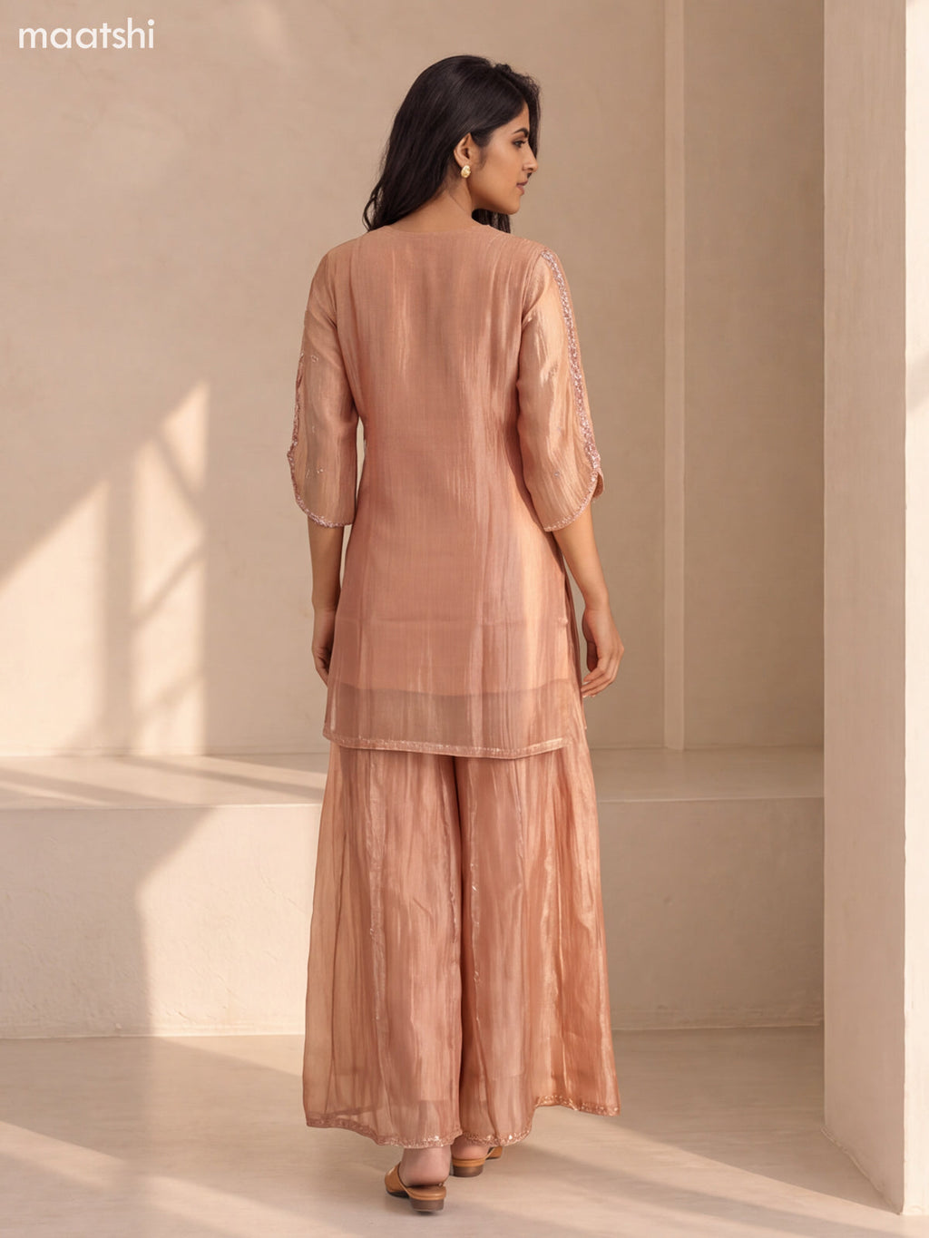 Peach Tissue Embroidery Work Straight Suit