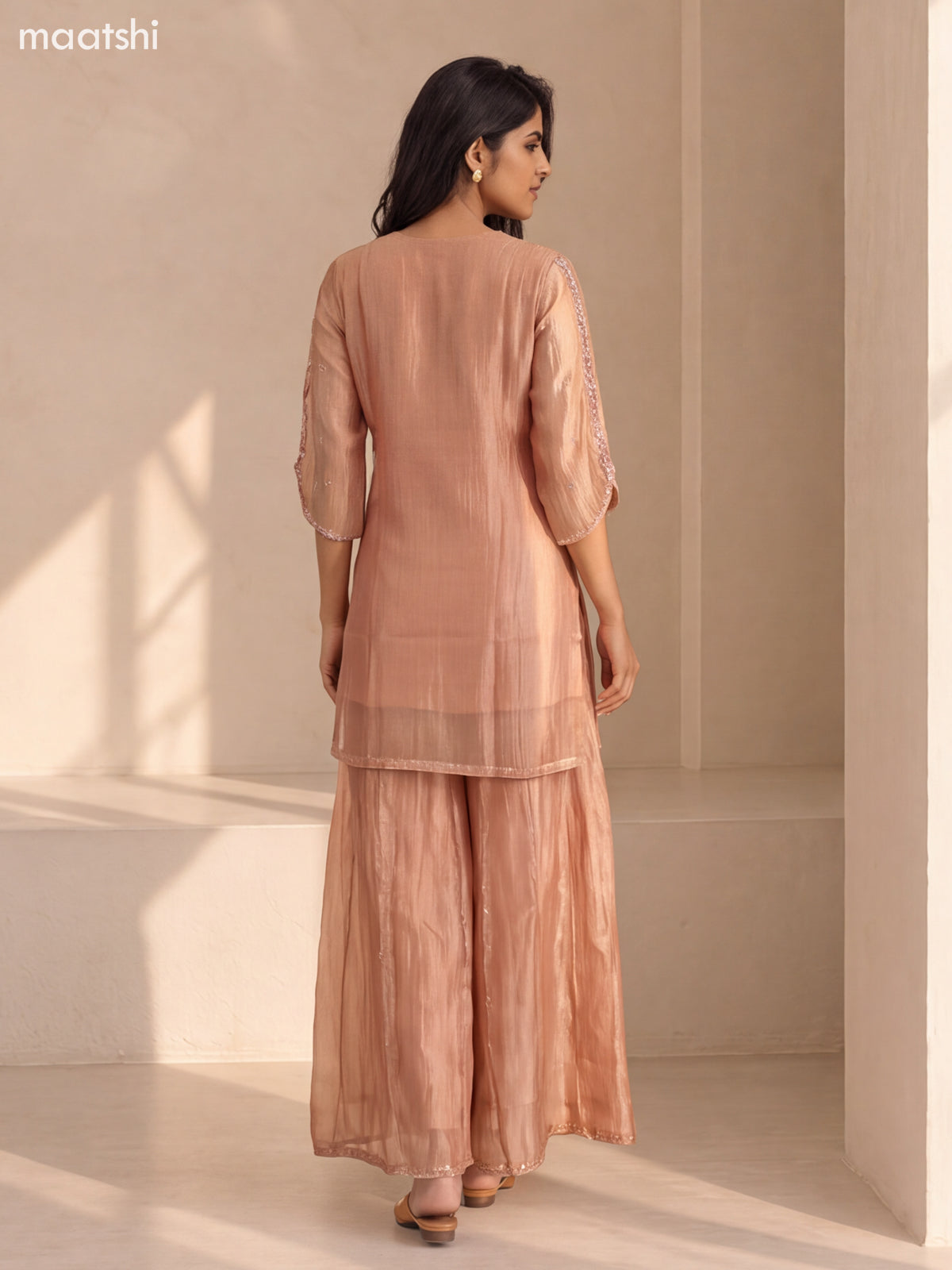 Peach Tissue Embroidery Work Straight Suit