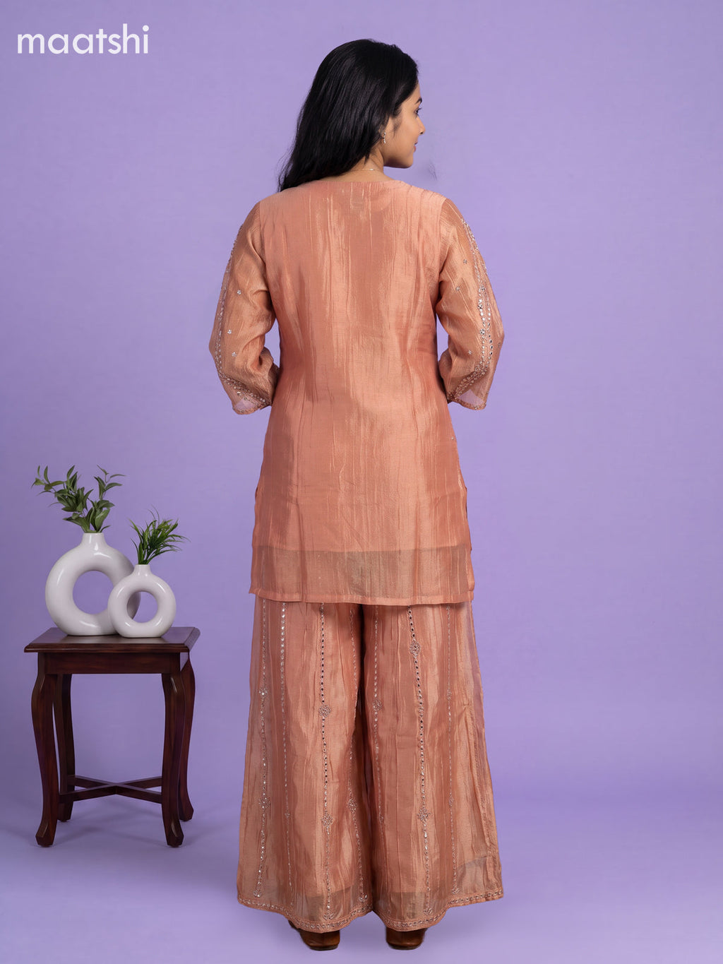 Peach Tissue Embroidery Work Straight Suit
