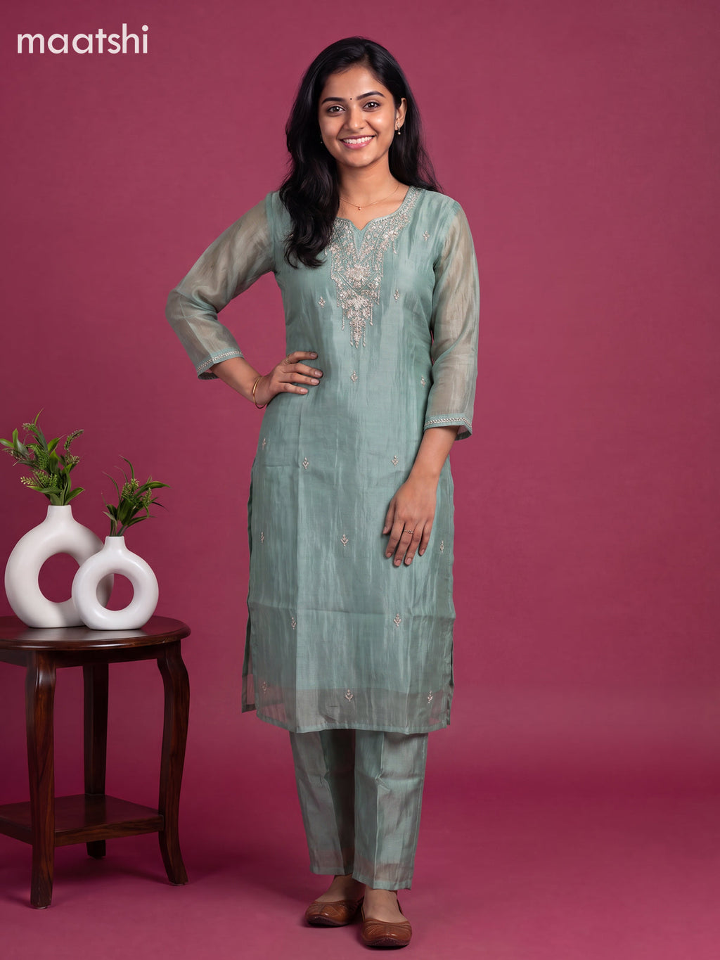 Pastel Green Tissue Embroidery Work Straight Suit