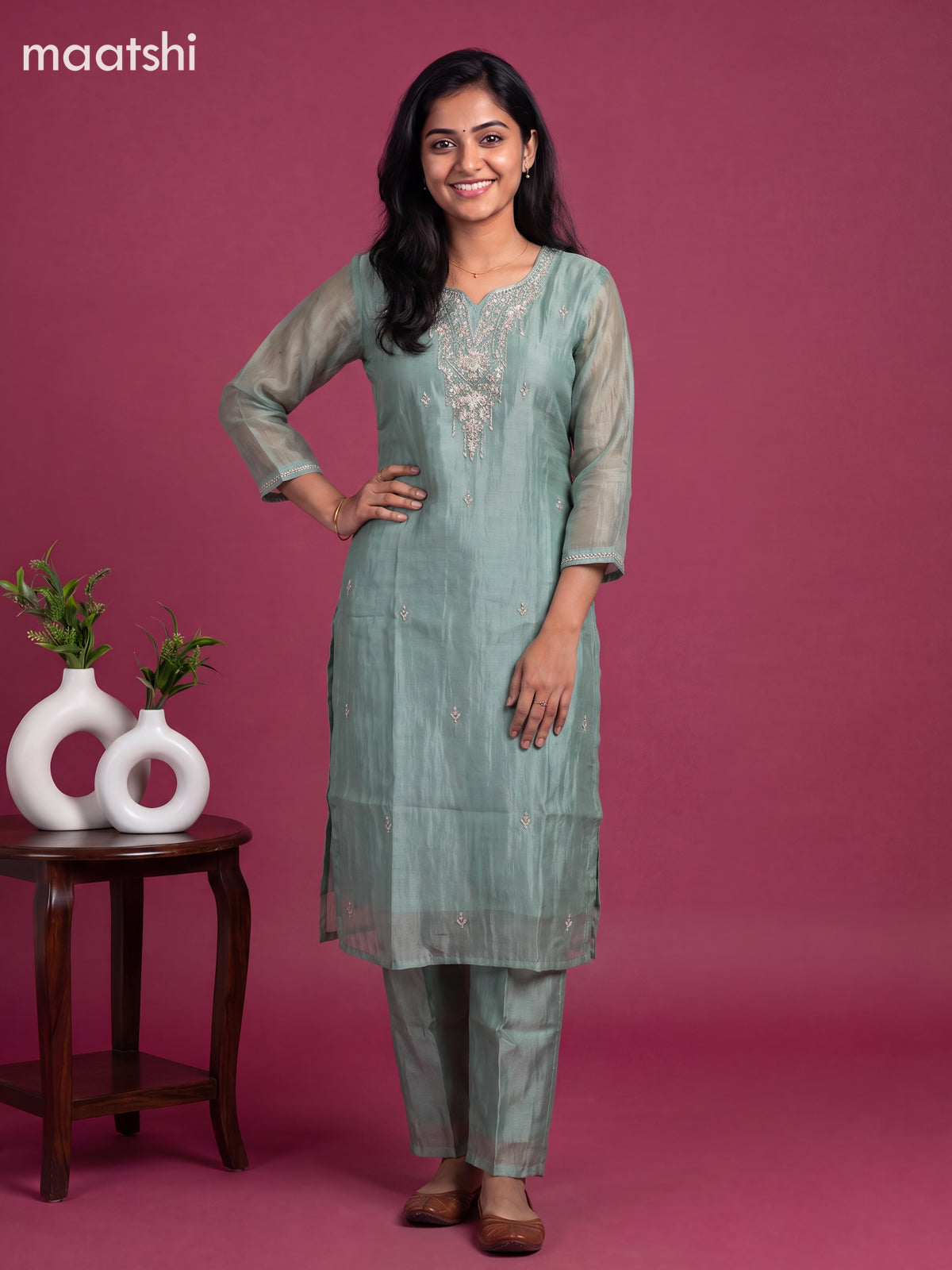 Pastel Green Tissue Embroidery Work Straight Suit