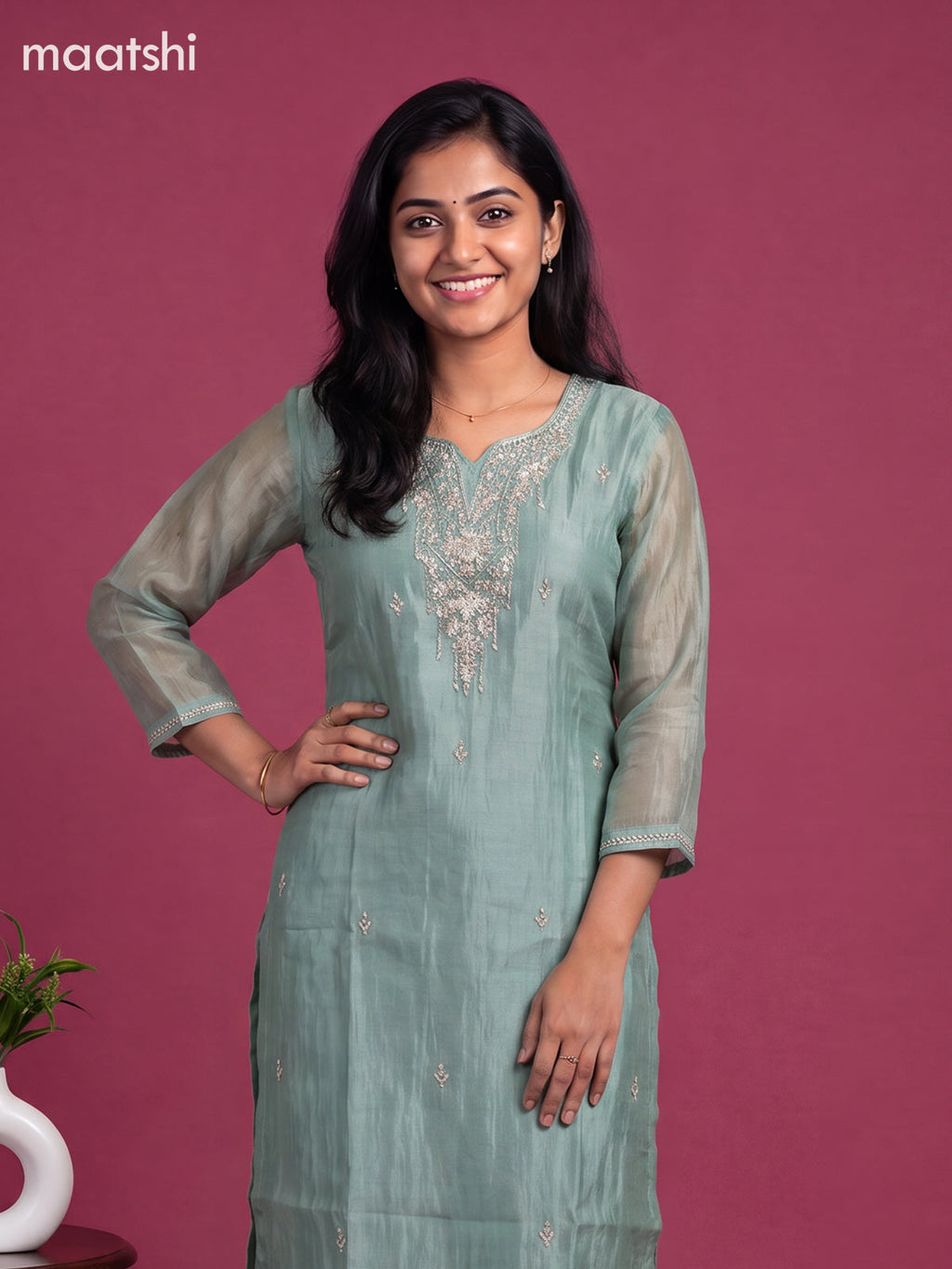 Pastel Green Tissue Embroidery Work Straight Suit