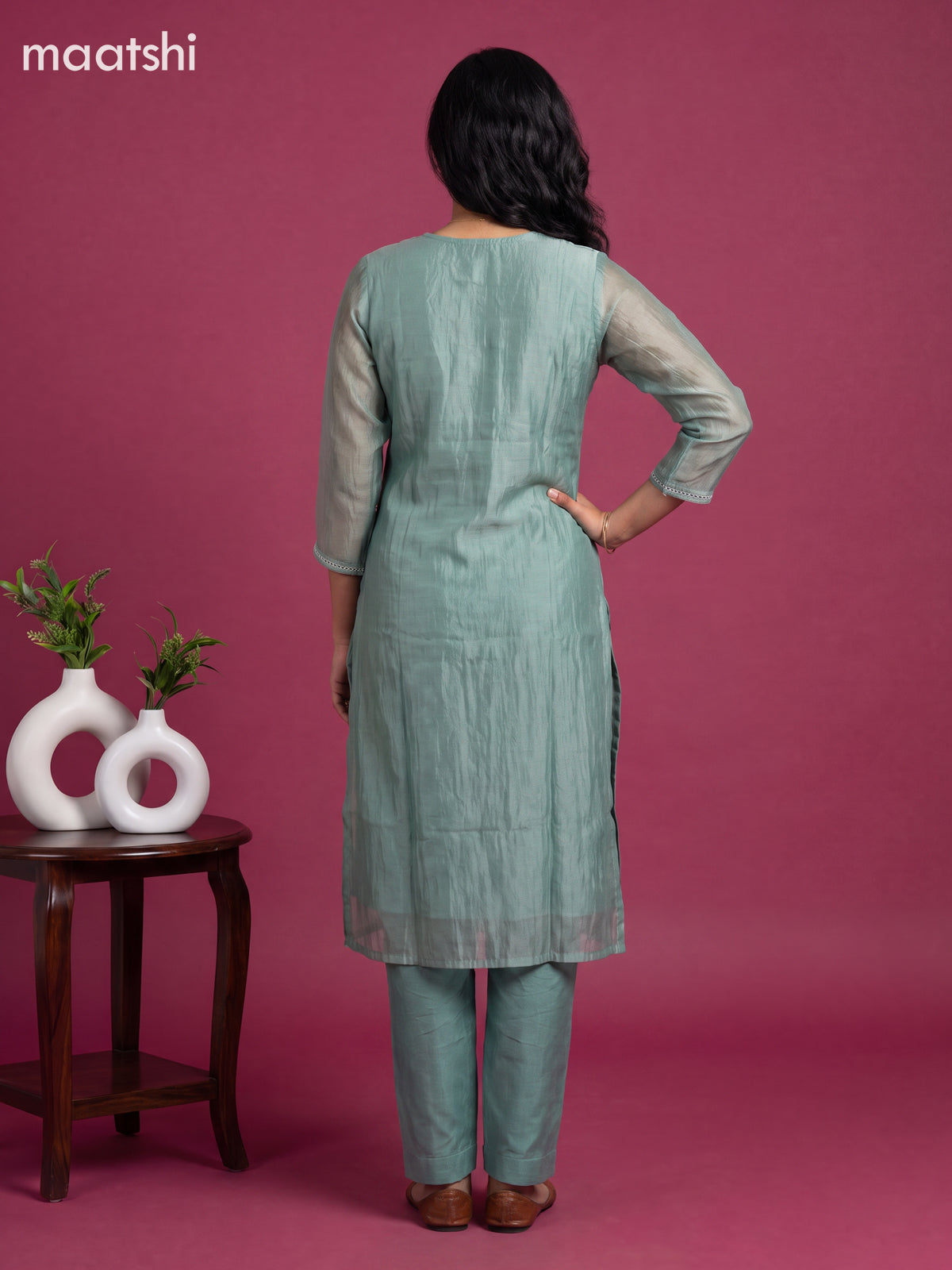 Pastel Green Tissue Embroidery Work Straight Suit