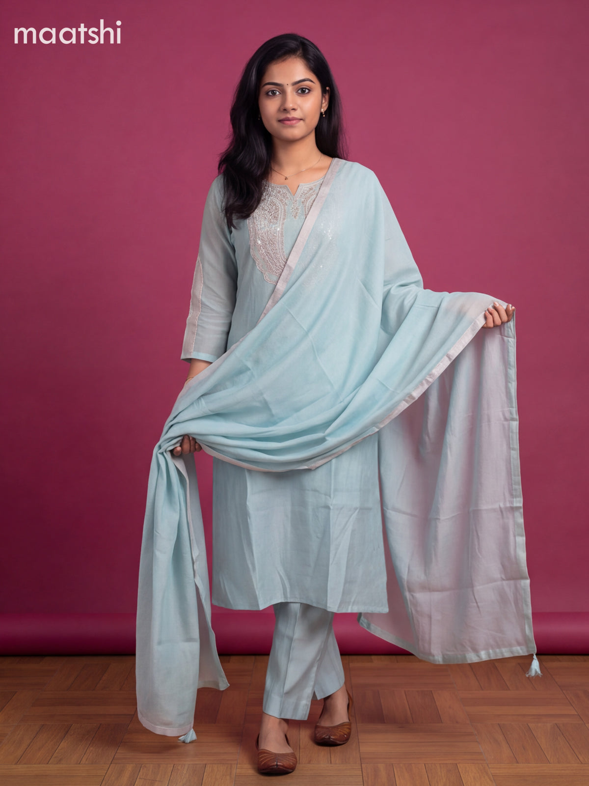 Teal Blue Mul Chanderi Embroidery Work A-Line Suit