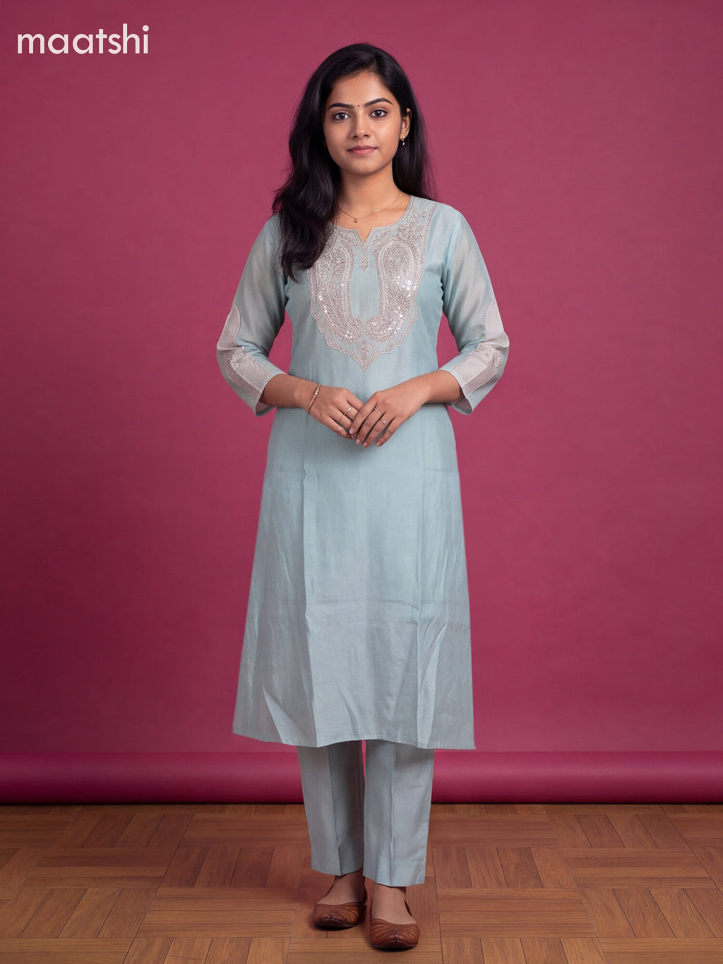 Teal Blue Mul Chanderi Embroidery Work A-Line Suit