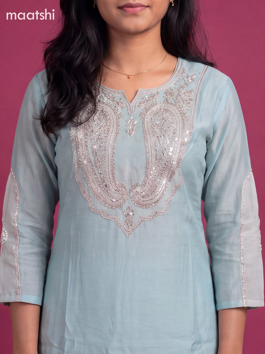 Teal Blue Mul Chanderi Embroidery Work A-Line Suit