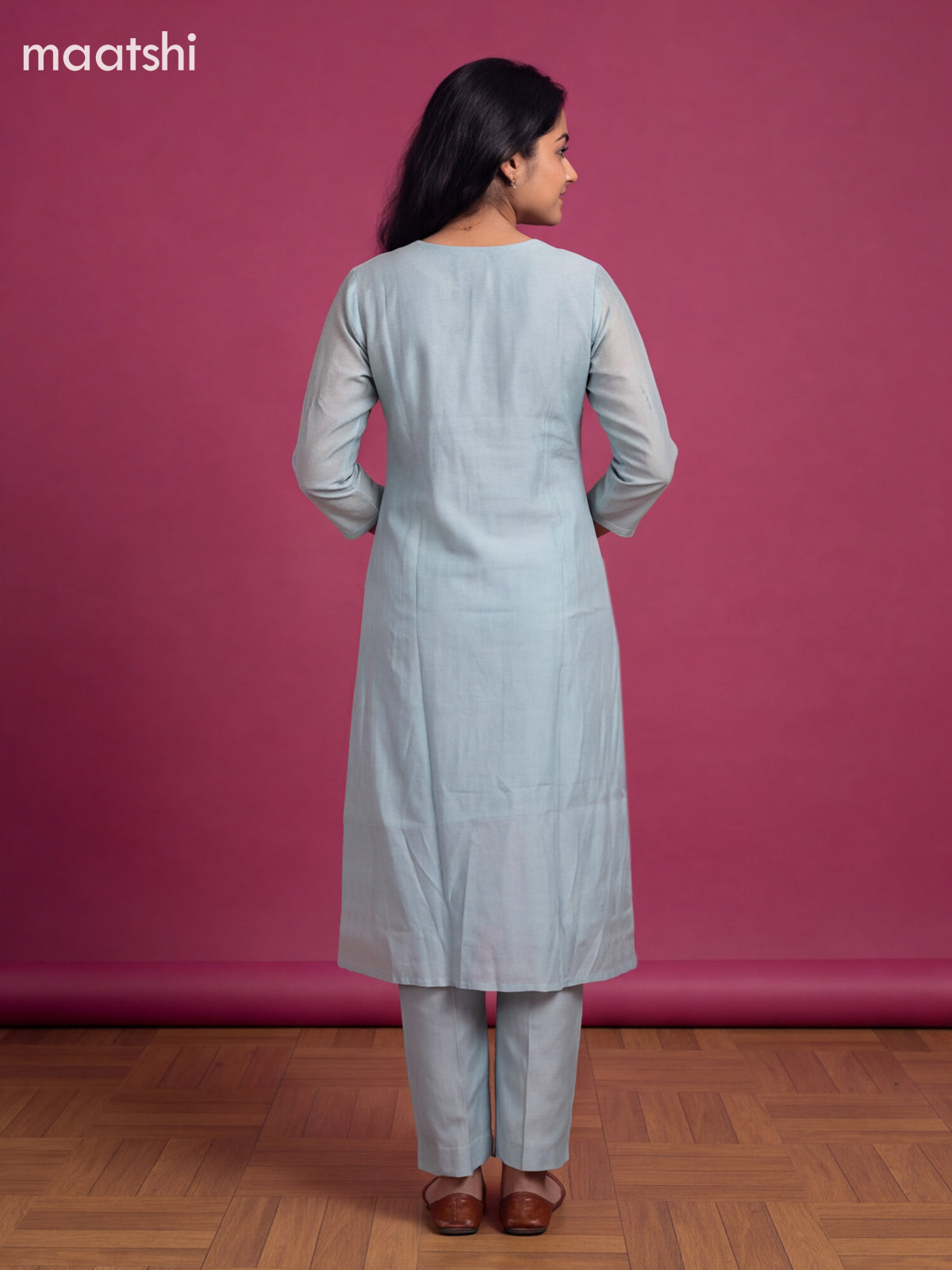 Teal Blue Mul Chanderi Embroidery Work A-Line Suit